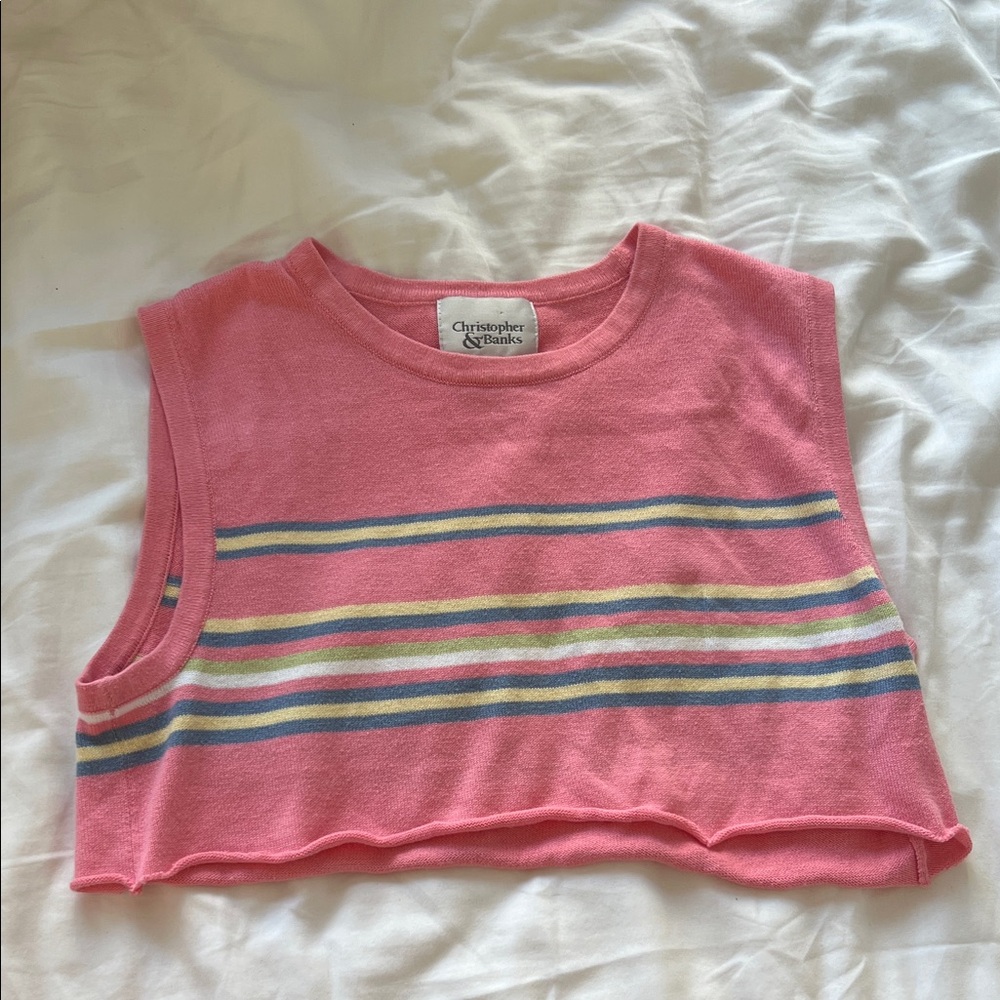 Christopher & Banks Pink Cropped Tank with Multicolor Stripes